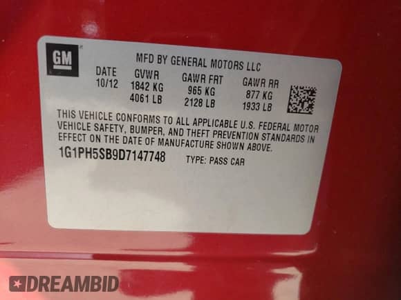 2013 Chevrolet Cruze ECO с VIN 1G1PH5SB9D7147748, выставлен на аукционе Copart как лот 64702805 с пробегом 124 597 миль миль и Списание • Salvage title. История ставок и продаж доступна на DreamBid. Изображение 12.