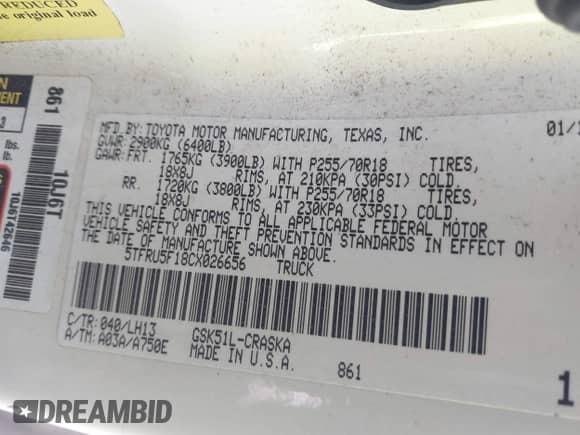 2012 Toyota Tundra z VIN 5TFRU5F18CX026656, wystawiony jako IAAI lot #42949363 z przebiegiem 294 338 mil mil oraz . Historia ofert i sprzedaży dostępna na DreamBid. Obrazek 9.