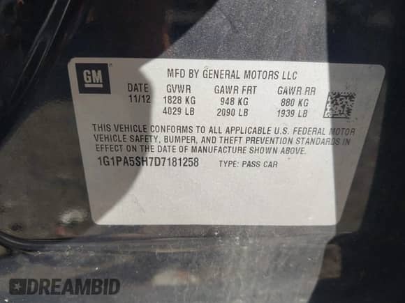 2013 Chevrolet Cruze LS with VIN 1G1PA5SH7D7181258, listed as a IAAI auction lot 43444590 with 240,428 mi miles and . Bid and sale history available at DreamBid. Image 9.