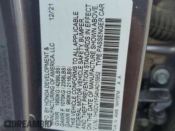 2022 Honda Accord EX-L с VIN 1HGCV1F54NA015952, выставлен на аукционе Copart как лот 67225775 с пробегом Не указан миль и Списание • Salvage title. История ставок и продаж доступна на DreamBid. Изображение 13.