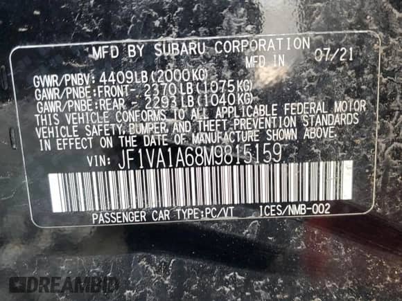 2021 Subaru WRX with VIN JF1VA1A68M9815159, listed as a Copart auction lot 46858805 with 85,109 mi miles and Non repairable. Bid and sale history available at DreamBid. Image 13.