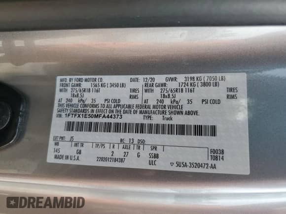 2021 Ford F-150 XL с VIN 1FTFX1E50MFA44373, выставлен на аукционе Copart как лот 66981085 с пробегом 54 438 миль миль и Списание • Salvage title. История ставок и продаж доступна на DreamBid. Изображение 12.