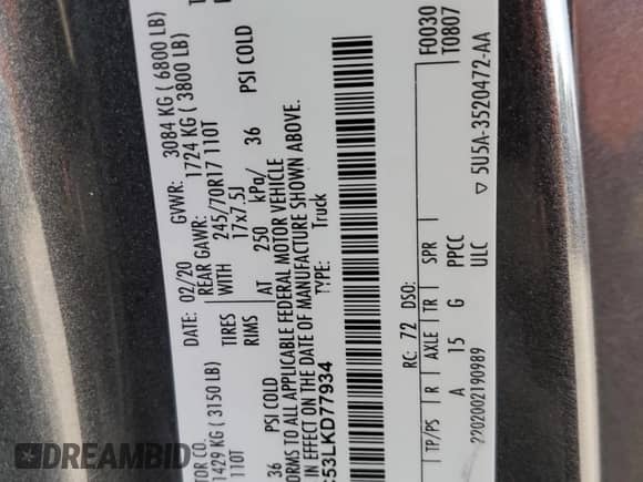 2020 Ford F-150 XL with VIN 1FTEW1C53LKD77934, listed as a Copart auction lot 80076343 with 83,550 mi miles and Salvage title. Bid and sale history available at DreamBid. Image 12.