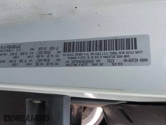 2019 Ram ProMaster Cargo with VIN 3C6TRVAG4KE525642, listed as a IAAI auction lot 42371663 with Not provided miles and . Bid and sale history available at DreamBid. Image 9.