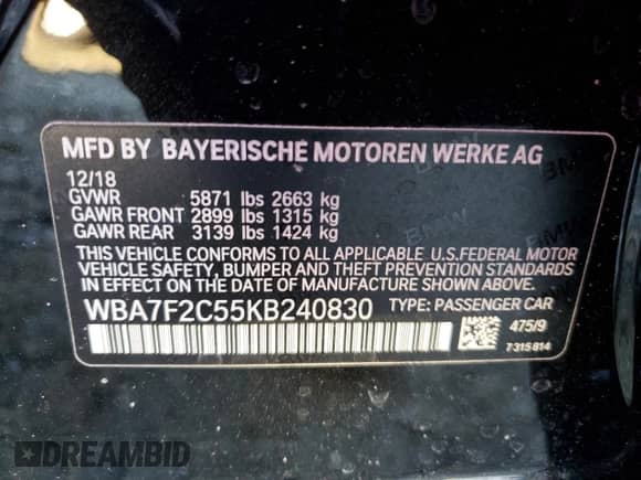 2019 BMW 7 Series 750i xDrive with VIN WBA7F2C55KB240830, listed as a Copart auction lot 42550295 with 81,334 mi miles and Salvage title. Bid and sale history available at DreamBid. Image 12.