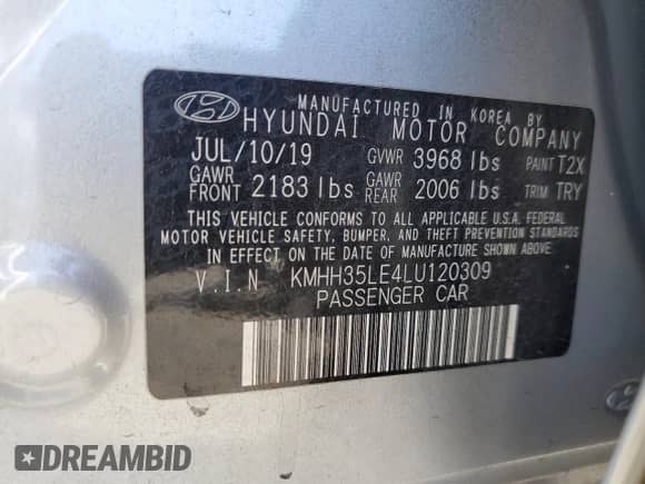 2020 Hyundai Elantra z VIN KMHH35LE4LU120309, wystawiony jako Copart lot #69501275 z przebiegiem 37 466 mil mil oraz Szkoda całkowita • Salvage title. Historia ofert i sprzedaży dostępna na DreamBid. Obrazek 12.