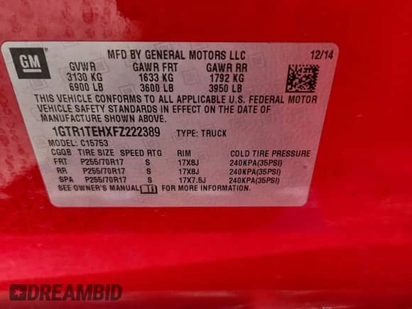 2015 GMC Sierra 1500 with VIN 1GTR1TEHXFZ222389, listed as a Copart auction lot 58923785 with 127,090 mi miles and Salvage title. Bid and sale history available at DreamBid. Image 12.