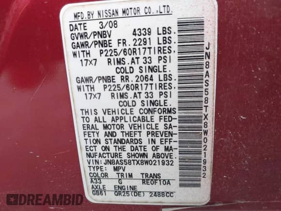 2008 Nissan Rogue S with VIN JN8AS58TX8W021932, listed as a IAAI auction lot 41811286 with 120,338 mi miles and . Bid and sale history available at DreamBid. Image 9.