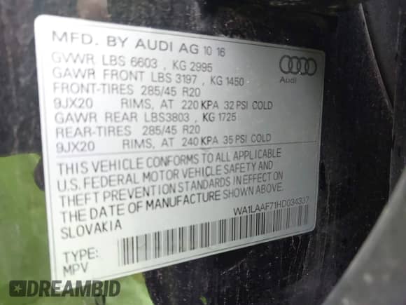 2017 Audi Q7 Premium Plus with VIN WA1LAAF71HD034337, listed as a IAAI auction lot 42876894 with 113,652 mi miles and . Bid and sale history available at DreamBid. Image 9.