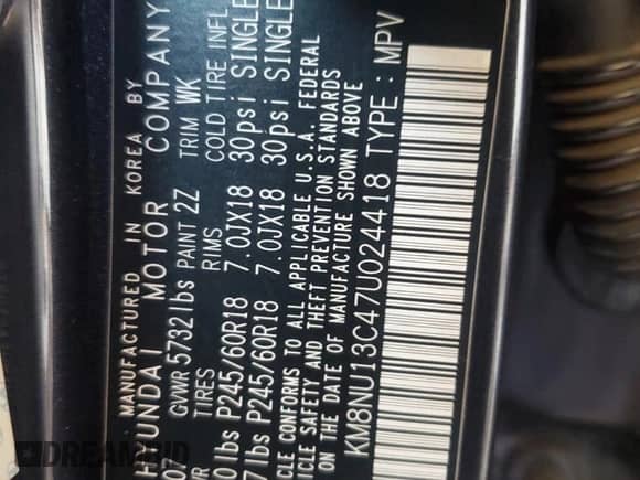 2007 Hyundai Veracruz GLS with VIN KM8NU13C47U024418, listed as a Copart auction lot 84458725 with Not provided miles and Salvage title. Bid and sale history available at DreamBid. Image 12.