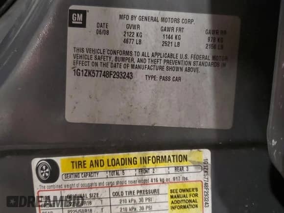 2008 Chevrolet Malibu LTZ with VIN 1G1ZK57748F293243, listed as a Copart auction lot 68510265 with 163,072 mi miles and Salvage title. Bid and sale history available at DreamBid. Image 12.