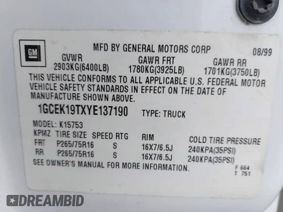 2000 Chevrolet Silverado 1500 LS with VIN 1GCEK19TXYE137190, listed as a IAAI auction lot 43344334 with 248,137 mi miles and . Bid and sale history available at DreamBid. Image 9.