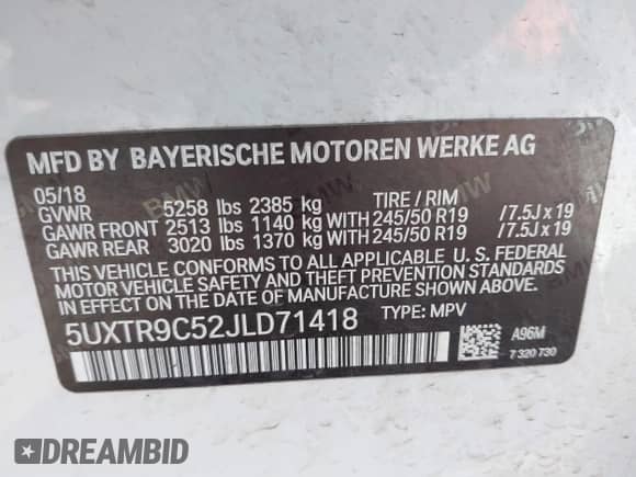 2018 BMW X3 xDrive30i with VIN 5UXTR9C52JLD71418, listed as a IAAI auction lot 43290842 with 59,044 mi miles and . Bid and sale history available at DreamBid. Image 9.
