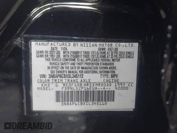 2025 Nissan Kicks SV with VIN 3N8AP6CBXSL345112, listed as a IAAI auction lot 42506534 with 490 mi miles and . Bid and sale history available at DreamBid. Image 9.