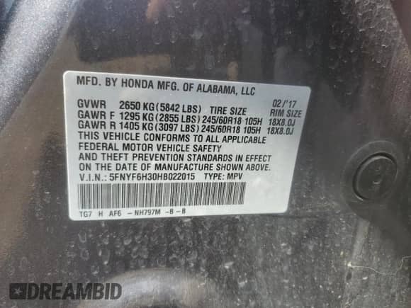 2017 Honda Pilot EX with VIN 5FNYF6H30HB022015, listed as a Copart auction lot 59810975 with 164,269 mi miles and Salvage title. Bid and sale history available at DreamBid. Image 13.
