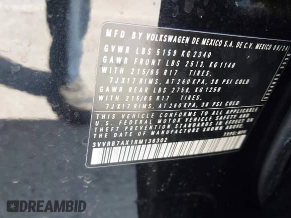 2024 Volkswagen Tiguan S с VIN 3VVRB7AX1RM136302, выставлен на аукционе IAAI как лот 41966586 с пробегом 5 455 миль миль и . История ставок и продаж доступна на DreamBid. Изображение 9.