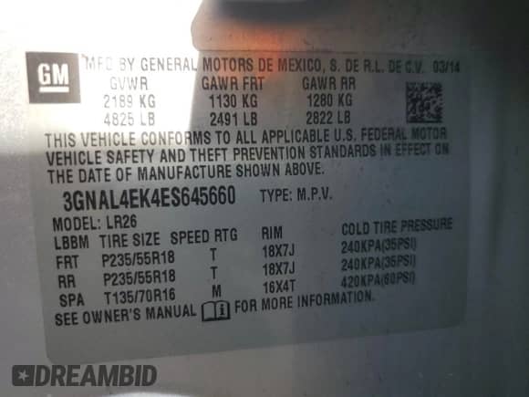 2014 Chevrolet Captiva Sport LTZ с VIN 3GNAL4EK4ES645660, выставлен на аукционе Copart как лот 75703184 с пробегом Не указан миль и Списание • Salvage title. История ставок и продаж доступна на DreamBid. Изображение 13.