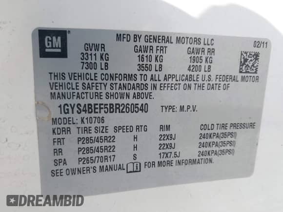 2011 Cadillac Escalade Luxury with VIN 1GYS4BEF5BR260540, listed as a IAAI auction lot 42715547 with 120,657 mi miles and . Bid and sale history available at DreamBid. Image 9.