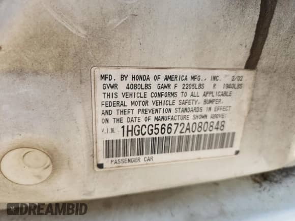 2002 Honda Accord EX with VIN 1HGCG56672A080848, listed as a Copart auction lot 70098605 with 271,413 mi miles and Salvage title. Bid and sale history available at DreamBid. Image 12.