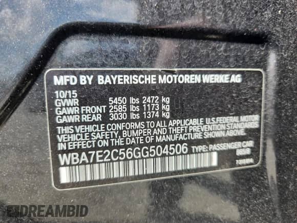 2016 BMW 7 Series 740i with VIN WBA7E2C56GG504506, listed as a Copart auction lot 81659585 with 93,842 mi miles and Clean title. Bid and sale history available at DreamBid. Image 12.