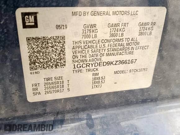 2019 Chevrolet Silverado 1500 LT с VIN 1GCRYDED9KZ366167, выставлен на аукционе Copart как лот 70605275 с пробегом 64 810 миль миль и Списание • Salvage title. История ставок и продаж доступна на DreamBid. Изображение 12.