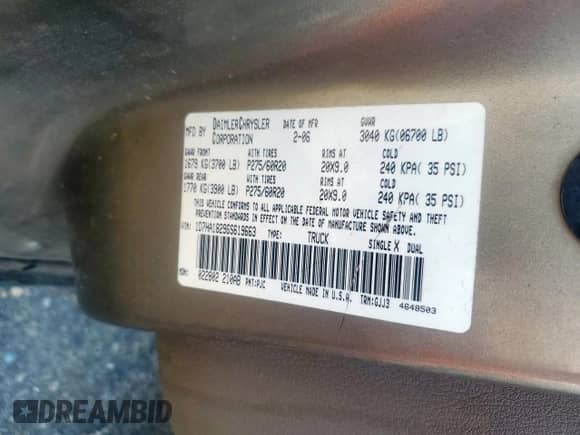 2006 Dodge 1500 Laramie with VIN 1D7HA18296S619663, listed as a Copart auction lot 71985725 with 229,268 mi miles and Salvage title. Bid and sale history available at DreamBid. Image 12.