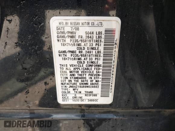 2009 Nissan Murano S with VIN JN8AZ18U89W024682, listed as a IAAI auction lot 42375777 with 266,085 mi miles and . Bid and sale history available at DreamBid. Image 9.