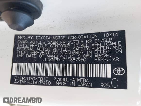 2015 Toyota Prius Four z VIN JTDKN3DU7F1887950, wystawiony jako IAAI lot #43455528 z przebiegiem 103 213 mil mil oraz . Historia ofert i sprzedaży dostępna na DreamBid. Obrazek 9.