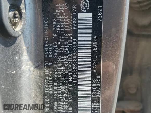 2005 Toyota Camry STD с VIN 4T1BE32K35U953999, выставлен на аукционе Copart как лот 71920495 с пробегом 264 039 миль миль и Списание • Salvage title. История ставок и продаж доступна на DreamBid. Изображение 12.
