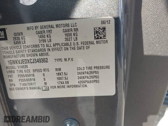 2012 Chevrolet Traverse 2LT with VIN 1GNKVJEDXCJ349362, listed as a IAAI auction lot 42979971 with 179,079 mi miles and . Bid and sale history available at DreamBid. Image 9.