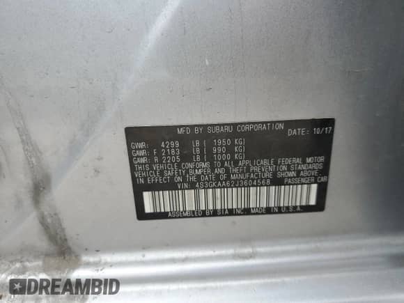 2018 Subaru Impreza z VIN 4S3GKAA62J3604568, wystawiony jako Copart lot #69947105 z przebiegiem Nie podano mil oraz Szkoda całkowita • Salvage title. Historia ofert i sprzedaży dostępna na DreamBid. Obrazek 12.