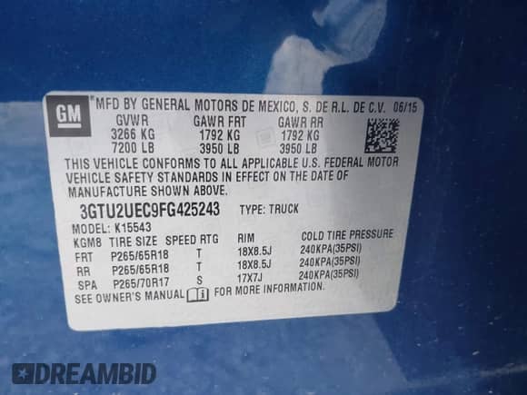 2015 GMC Sierra 1500 SLE с VIN 3GTU2UEC9FG425243, выставлен на аукционе IAAI как лот 43328167 с пробегом 179 793 миль миль и . История ставок и продаж доступна на DreamBid. Изображение 9.