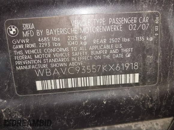 2007 BMW 3 Series 328xi z VIN WBAVC93557KX61918, wystawiony jako IAAI lot #40783945 z przebiegiem 112 163 mil mil oraz . Historia ofert i sprzedaży dostępna na DreamBid. Obrazek 9.