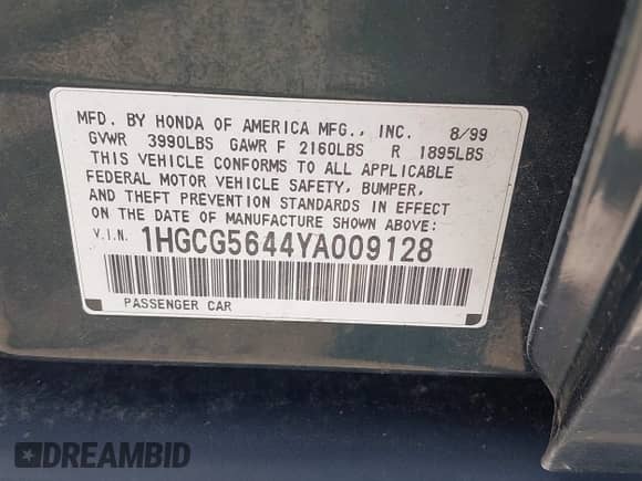 2000 Honda Accord LX z VIN 1HGCG5644YA009128, wystawiony jako IAAI lot #42066193 z przebiegiem 171 219 mil mil oraz . Historia ofert i sprzedaży dostępna na DreamBid. Obrazek 9.