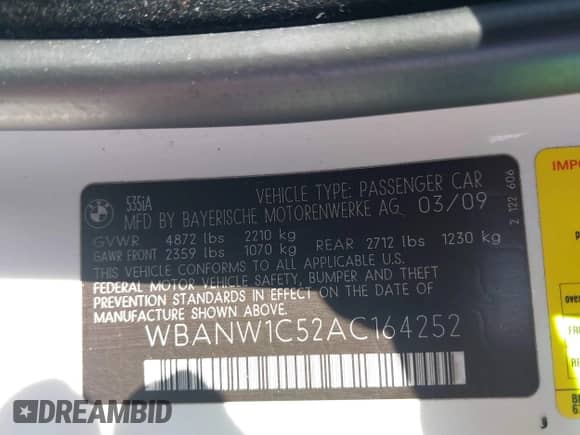 2010 BMW 5 Series 535i с VIN WBANW1C52AC164252, выставлен на аукционе IAAI как лот 42067079 с пробегом 134 290 миль миль и . История ставок и продаж доступна на DreamBid. Изображение 9.