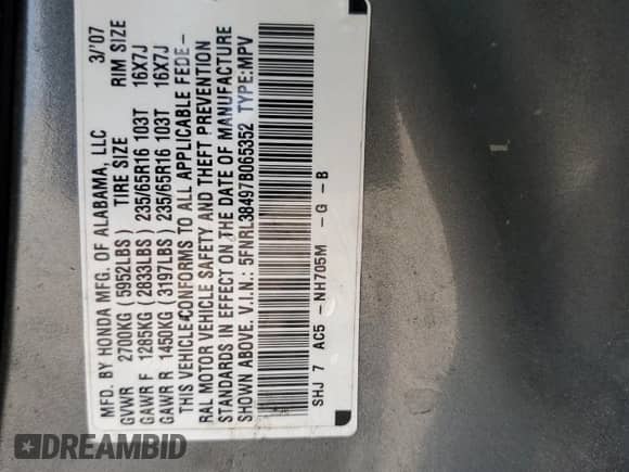 2007 Honda Odyssey EX z VIN 5FNRL38497B065352, wystawiony jako Copart lot #65703635 z przebiegiem 176 164 mil mil oraz Czysty tytuł • Clean title. Historia ofert i sprzedaży dostępna na DreamBid. Obrazek 13.