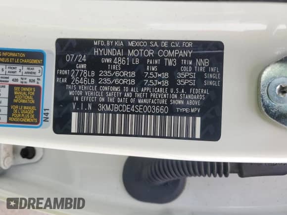 2025 Hyundai Tucson SEL with VIN 3KMJBCDE4SE003660, listed as a Copart auction lot 81555725 with 7,293 mi miles and Salvage title. Bid and sale history available at DreamBid. Image 13.