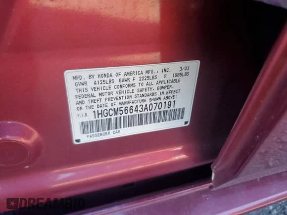 2003 Honda Accord EX with VIN 1HGCM56643A070191, listed as a Copart auction lot 86272655 with 207,091 mi miles and Salvage title. Bid and sale history available at DreamBid. Image 12.