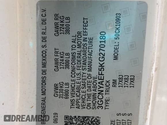 2019 Chevrolet Silverado 1500 Work Truck с VIN 3GCNYAEF5KG270180, выставлен на аукционе Copart как лот 45379645 с пробегом 55 459 миль миль и Списание • Salvage title. История ставок и продаж доступна на DreamBid. Изображение 12.