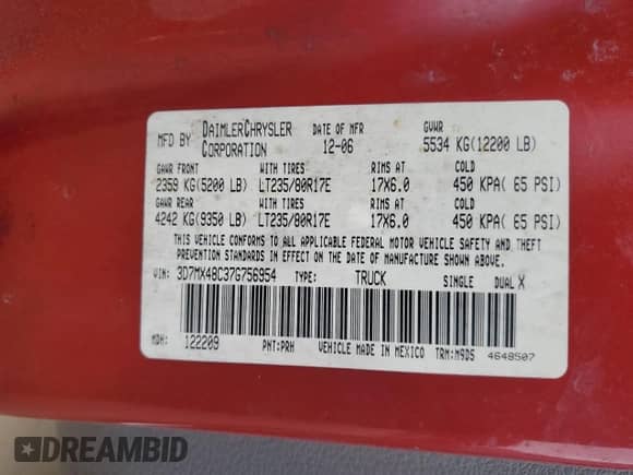 2007 Dodge 3500 SLT with VIN 3D7MX48C37G756954, listed as a Copart auction lot 75063344 with 293,538 mi miles and Salvage title. Bid and sale history available at DreamBid. Image 12.
