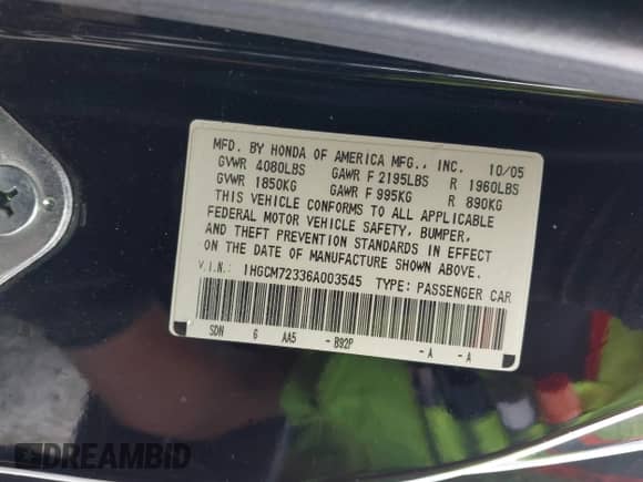 2006 Honda Accord LX z VIN 1HGCM72336A003545, wystawiony jako IAAI lot #42544558 z przebiegiem 156 315 mil mil oraz . Historia ofert i sprzedaży dostępna na DreamBid. Obrazek 9.