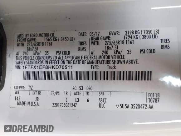 2017 Ford F-150 XL z VIN 1FTFX1EF8HKD70511, wystawiony jako IAAI lot #43022454 z przebiegiem 151 682 mil mil oraz . Historia ofert i sprzedaży dostępna na DreamBid. Obrazek 9.