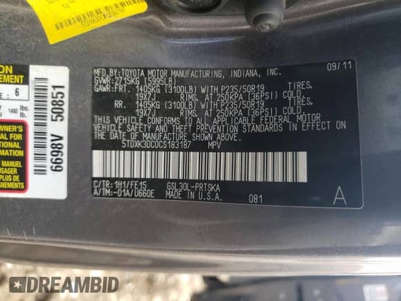2012 Toyota Sienna SE with VIN 5TDXK3DC0CS183187, listed as a Copart auction lot 84005925 with 258,804 mi miles and Salvage title. Bid and sale history available at DreamBid. Image 13.