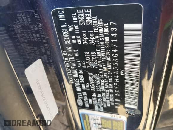 2019 Kia Sorento EX Sport with VIN 5XYPH4A55KG471437, listed as a Copart auction lot 68985404 with 119,632 mi miles and Salvage title. Bid and sale history available at DreamBid. Image 13.