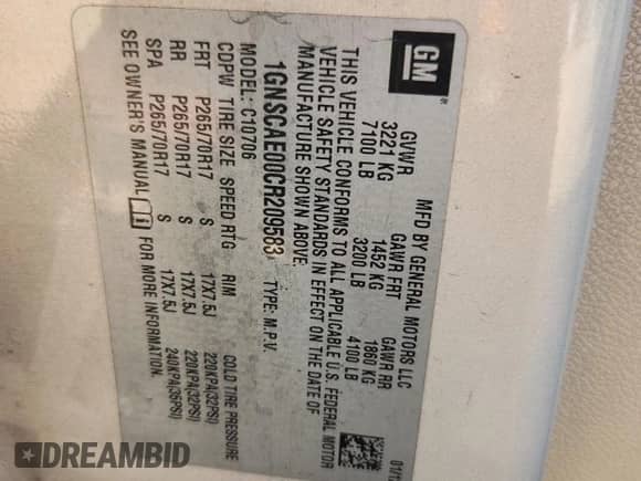 2012 Chevrolet Tahoe LS with VIN 1GNSCAE00CR209583, listed as a Copart auction lot 70043565 with 179,537 mi miles and Salvage title. Bid and sale history available at DreamBid. Image 14.