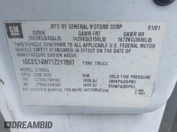 2001 Chevrolet Silverado 1500 z VIN 1GCEC14W71Z217897, wystawiony jako IAAI lot #43486562 z przebiegiem 239 040 mil mil oraz . Historia ofert i sprzedaży dostępna na DreamBid. Obrazek 9.