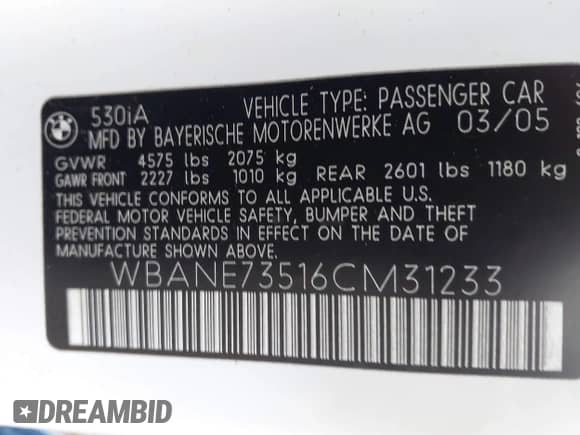 2006 BMW 5 Series 530i с VIN WBANE73516CM31233, выставлен на аукционе IAAI как лот 43296482 с пробегом 167 772 миль миль и . История ставок и продаж доступна на DreamBid. Изображение 9.