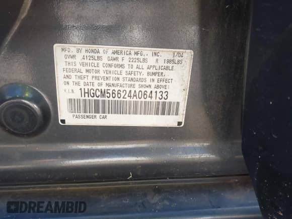 2004 Honda Accord EX with VIN 1HGCM56624A064133, listed as a IAAI auction lot 43131118 with 248,625 mi miles and . Bid and sale history available at DreamBid. Image 9.