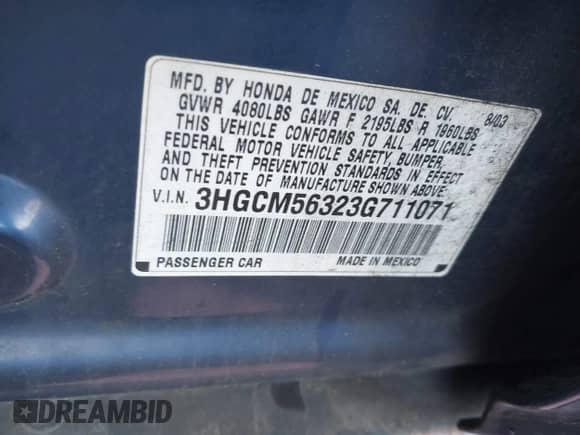 2003 Honda Accord LX z VIN 3HGCM56323G711071, wystawiony jako IAAI lot #43275299 z przebiegiem 296 706 mil mil oraz . Historia ofert i sprzedaży dostępna na DreamBid. Obrazek 9.