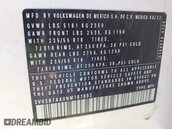 2022 Volkswagen Tiguan SE with VIN 3VV3B7AX0NM161692, listed as a IAAI auction lot 42426204 with 56,969 mi miles and . Bid and sale history available at DreamBid. Image 9.